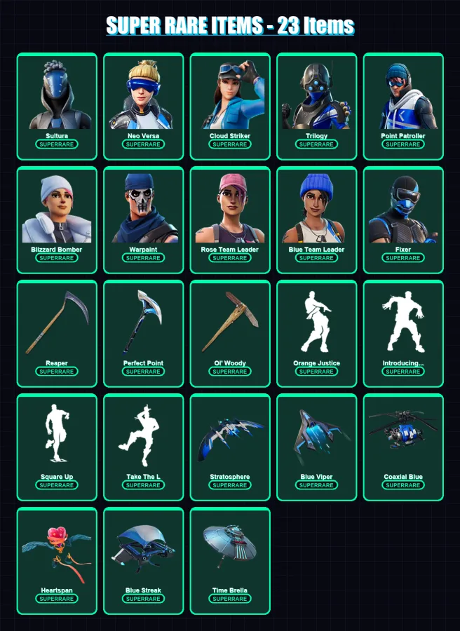 [PC/XBOX] | Sultura | Neo Versa | Cloud Striker | Trilogy | Point Patroller | 82 skin | 105 pickaxe | 111 emote | 108 glider | Lv1393
