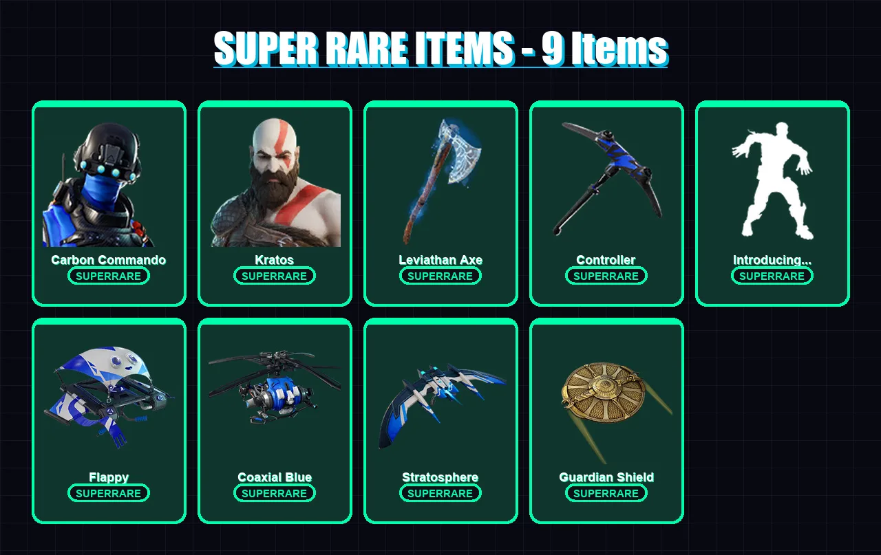 [PC/XBOX] | Carbon Commando | Kratos | Fade | Mandalorian | Fusion | 47 skin | 59 pickaxe | 54 emote | 58 glider | Lv747