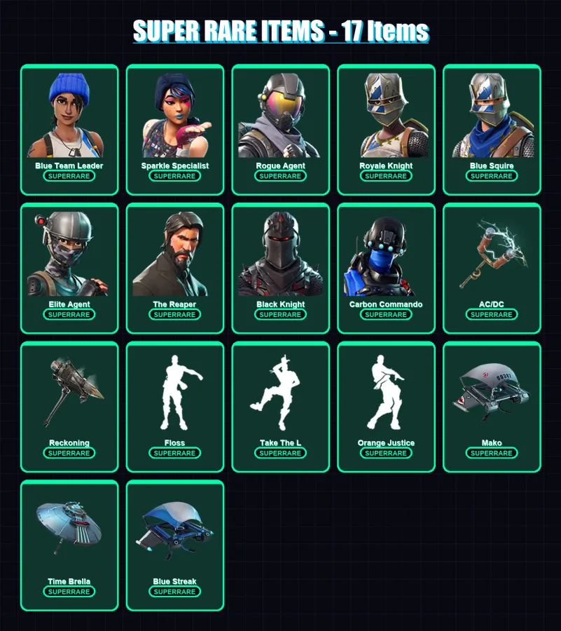 [PC/XBOX] | Blue Team Leader | Sparkle Specialist | Rogue Agent | Royale Knight | Blue Squire | 39 skin | 32 pickaxe | 49 emote | 51 glider | Lv754