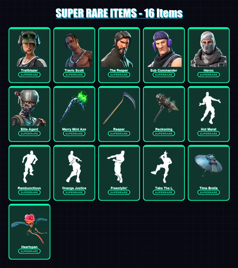 [PC/XBOX] | Trailblazer | Travis Scott | The Reaper | Sub Commander | Havoc | 105 skin | 101 pickaxe | 131 emote | 103 glider | Lv1770