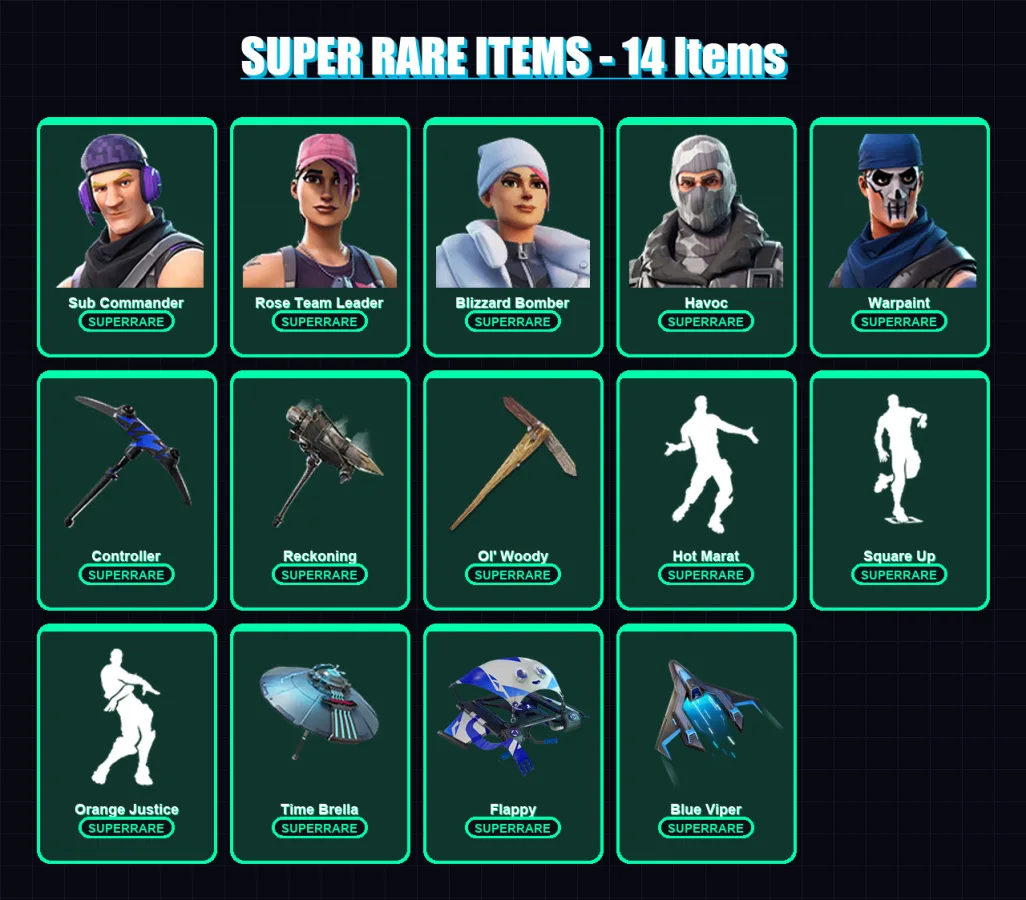 [PS4/PS5/PC] | Sub Commander | Rose Team Leader | Blizzard Bomber | Havoc | Warpaint | 160 skin | 169 pickaxe | 135 emote | 134 glider | Lv1625