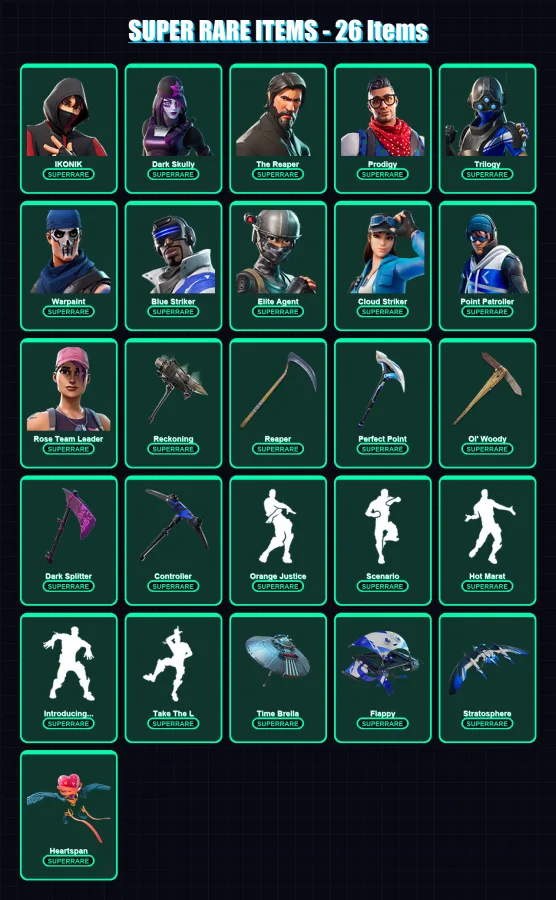 [PS4/PS5/PC] | IKONIK | Dark Skully | The Reaper | Prodigy | Trilogy | 102 skin | 108 pickaxe | 108 emote | 105 glider | Lv1432