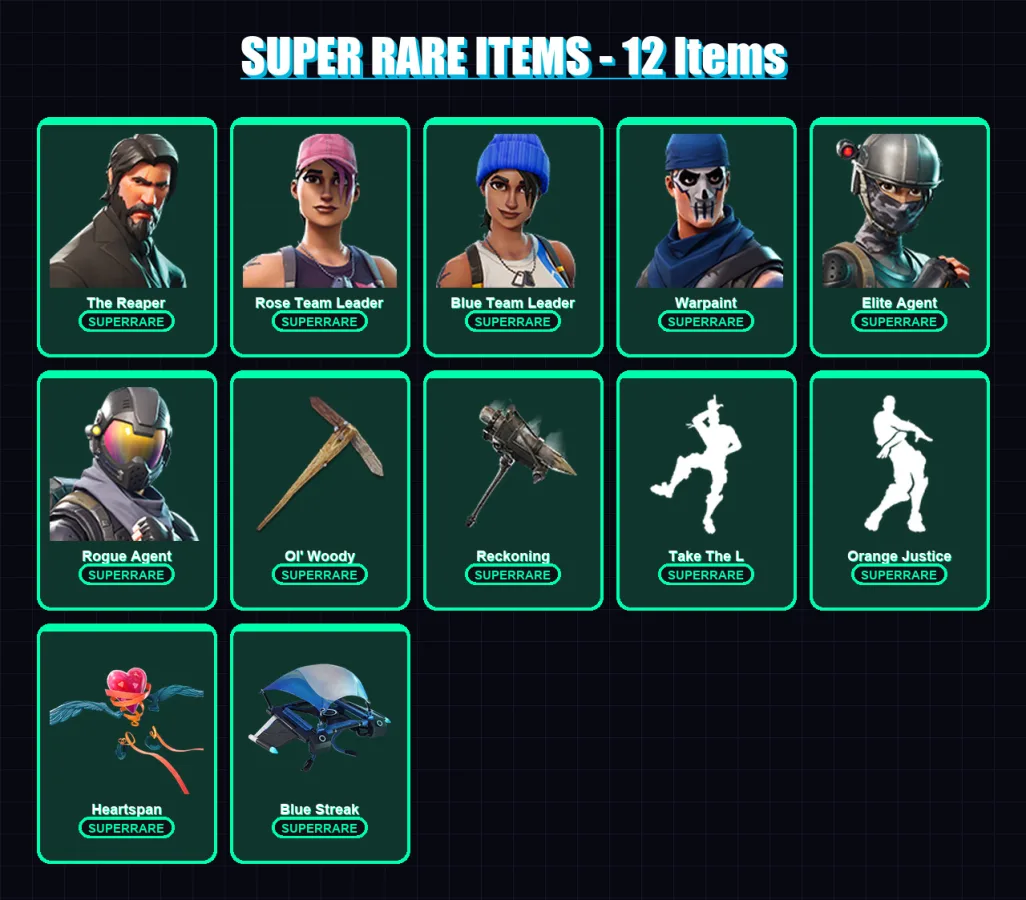 [PC/XBOX/PSN] | The Reaper | Rose Team Leader | Blue Team Leader | Warpaint | Elite Agent | 54 skin | 37 pickaxe | 42 emote | 39 glider | Lv448