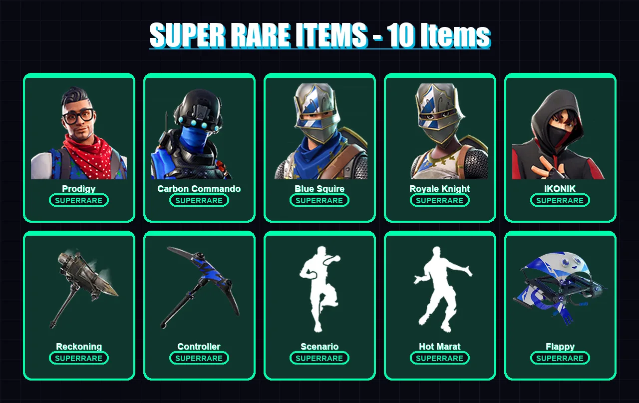 [PS4/PS5/XBOX/PC] | Prodigy | Carbon Commando | Blue Squire | Royale Knight | IKONIK | 15 skin | 12 pickaxe | 32 emote | 25 glider | Lv410