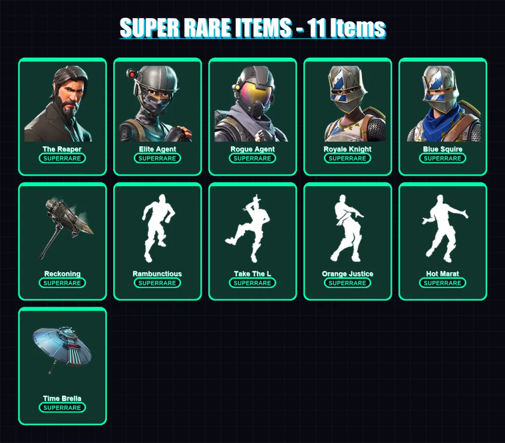 [PC/XBOX] | The Reaper | Elite Agent | Rogue Agent | Royale Knight | Blue Squire | 44 skin | 32 pickaxe | 88 emote | 43 glider | Lv366