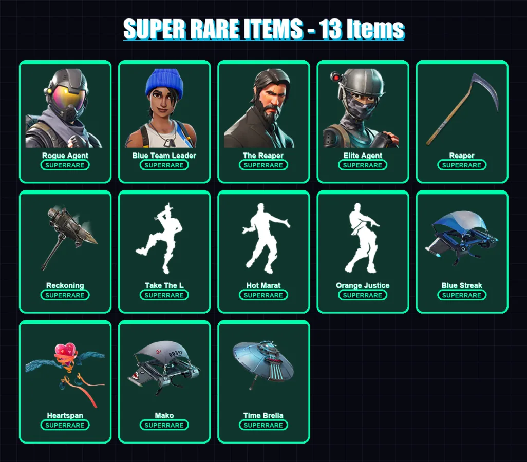 [PS4/PS5/XBOX/PC] | Rogue Agent | Blue Team Leader | The Reaper | Elite Agent | The Visitor | 59 skin | 63 pickaxe | 80 emote | 75 glider | Lv1206