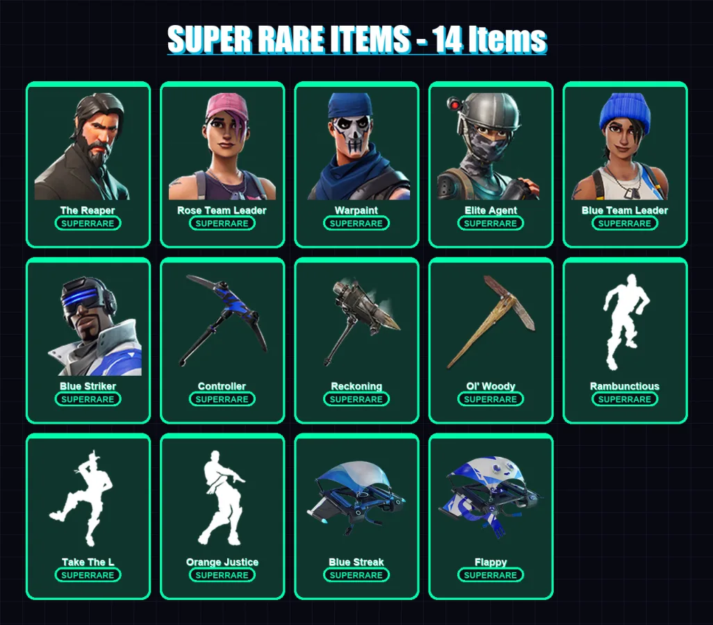 [PC/XBOX/PSN] | The Reaper | Rose Team Leader | Warpaint | Elite Agent | Blue Team Leader | 36 skin | 22 pickaxe | 33 emote | 31 glider | Lv334
