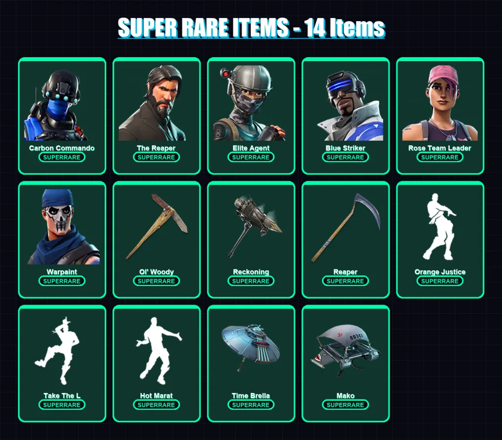 [PC/XBOX] | Carbon Commando | The Reaper | Elite Agent | Blue Striker | Rose Team Leader | 60 skin | 73 pickaxe | 75 emote | 75 glider | Lv1385