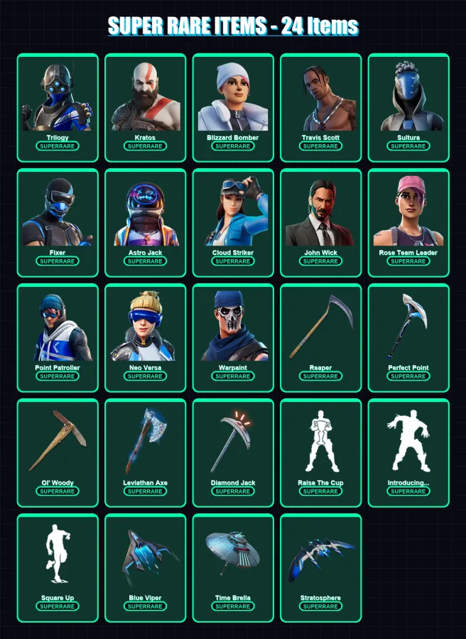 [PS4/PS5/XBOX/PC] | Trilogy | Kratos | Blizzard Bomber | Travis Scott | Sultura | 110 skin | 124 pickaxe | 129 emote | 101 glider | Lv1433