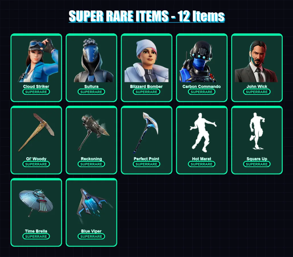 [PC] | Cloud Striker | Sultura | Blizzard Bomber | Carbon Commando | John Wick | 143 skin | 193 pickaxe | 164 emote | 156 glider | Lv2351