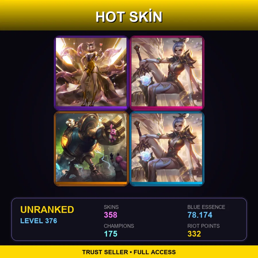 SG | Prestige K/DA Ahri (2022) | Prestige Valiant Sword Riven (2022) | Victorious Blitzcrank | 358 Skin | 175 Champ | Lv376
