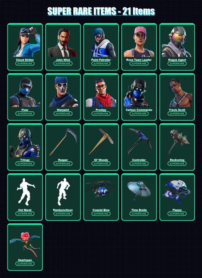 [PC/XBOX] | Cloud Striker | John Wick | Point Patroller | Rose Team Leader | Rogue Agent | 258 skin | 242 pickaxe | 216 emote | 188 glider | Lv2376