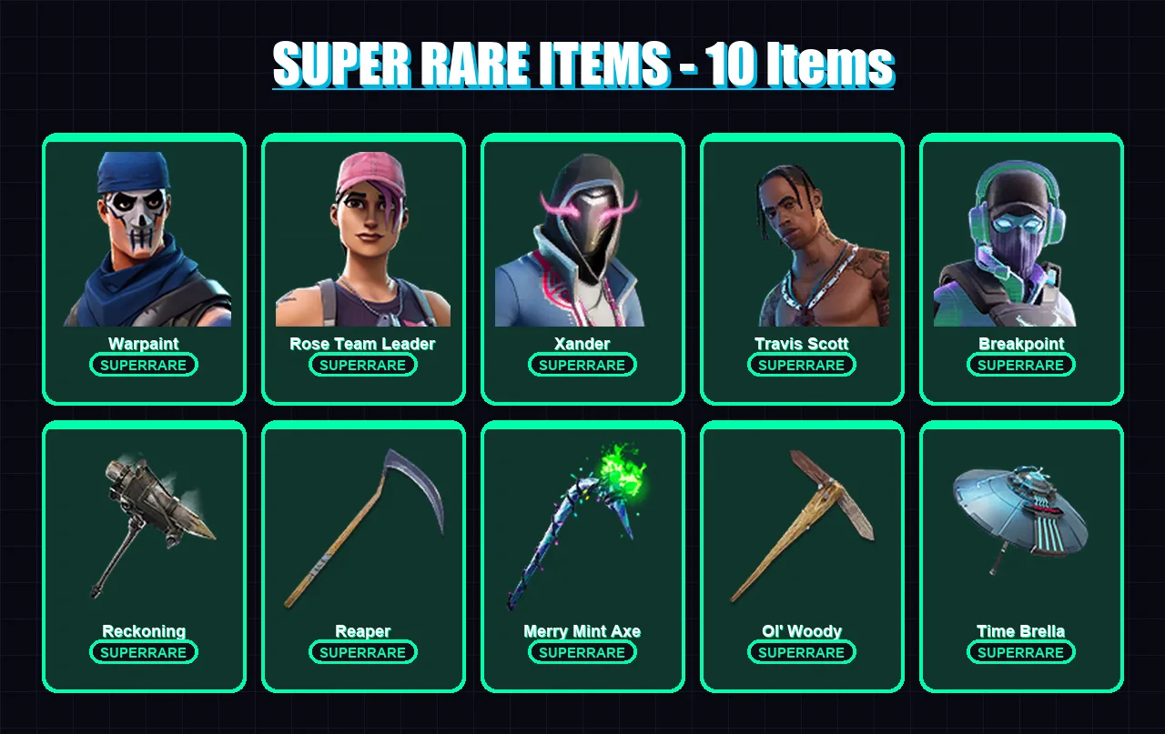 [PC/XBOX] | Warpaint | Rose Team Leader | Xander | Travis Scott | Breakpoint | 166 skin | 172 pickaxe | 149 emote | 145 glider | Lv1958