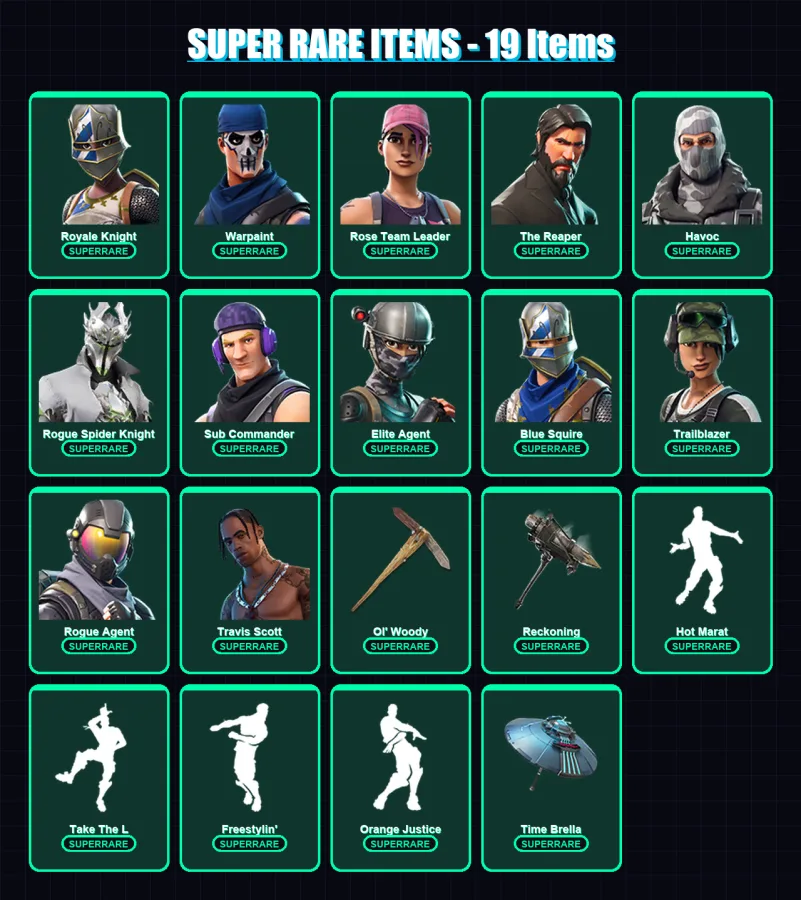 [PC/XBOX/PSN] | Royale Knight | Warpaint | Rose Team Leader | The Reaper | Havoc | 120 skin | 95 pickaxe | 91 emote | 92 glider | Lv1155