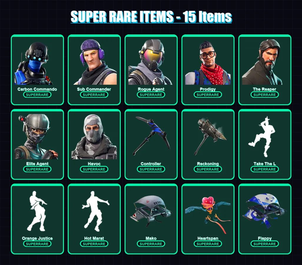[PS4/PS5/XBOX/PC] | Carbon Commando | Sub Commander | Rogue Agent | Prodigy | The Reaper | 97 skin | 75 pickaxe | 84 emote | 89 glider | Lv1455