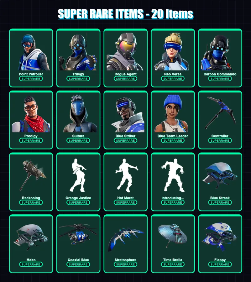 [PS4/PS5/XBOX/PC] | Point Patroller | Trilogy | Rogue Agent | Neo Versa | Carbon Commando | 124 skin | 148 pickaxe | 112 emote | 132 glider | Lv2116