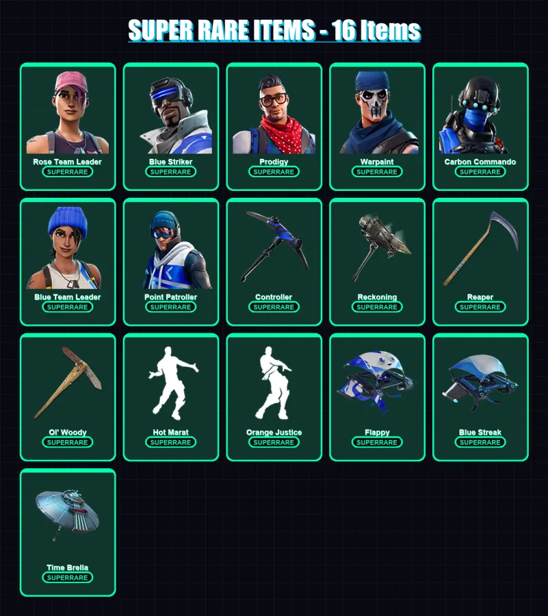 [PS4/PS5/XBOX/PC] | Rose Team Leader | Blue Striker | Prodigy | Warpaint | Carbon Commando | 119 skin | 92 pickaxe | 89 emote | 98 glider | Lv1198