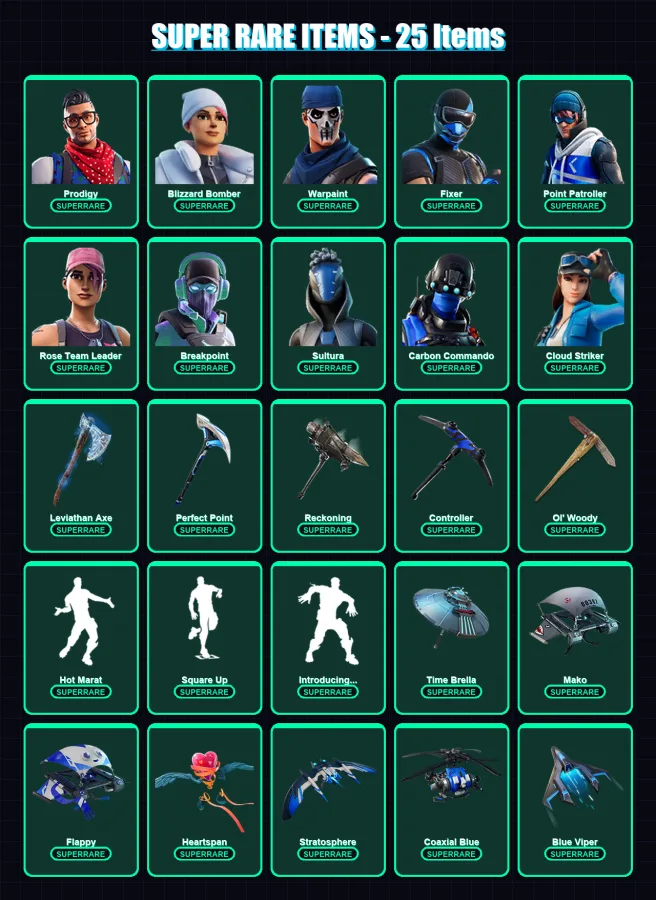 [PS4/PS5/XBOX/PC] | Prodigy | Blizzard Bomber | Warpaint | Fixer | Point Patroller | 128 skin | 155 pickaxe | 132 emote | 144 glider | Lv1950