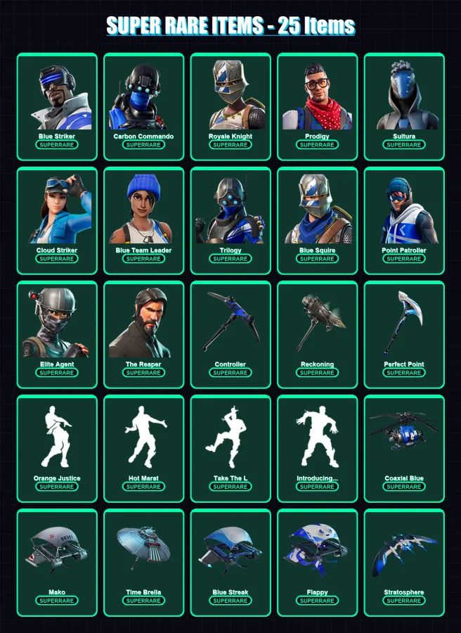 [PS4/PS5/XBOX/PC] | Blue Striker | Carbon Commando | Royale Knight | Prodigy | Sultura | 92 skin | 83 pickaxe | 83 emote | 95 glider | Lv1076 — Fortnite account