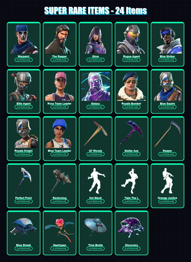 [PC/XBOX] | Warpaint | The Reaper | Glow | Rogue Agent | Blue Striker | 126 skin | 118 pickaxe | 105 emote | 118 glider | Lv1757