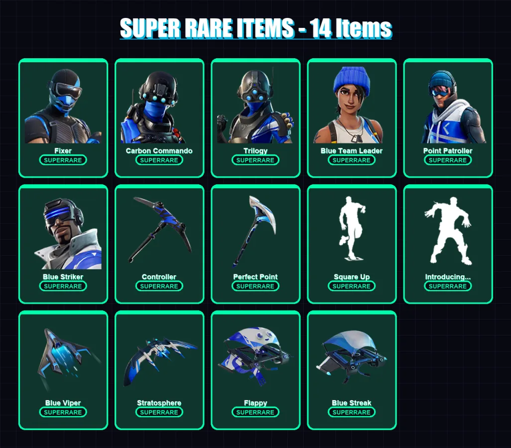 [PS4/PS5/XBOX/PC] | Fixer | Carbon Commando | Trilogy | Blue Team Leader | Point Patroller | 7 skin | 20 pickaxe | 20 emote | 26 glider | Lv386