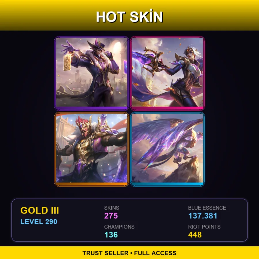 EUW | Victorious Twisted Fate | Victorious Fiora | Victorious Draven | Victorious Anivia | 275 Skin | 136 Champ | Gold III | Lv290