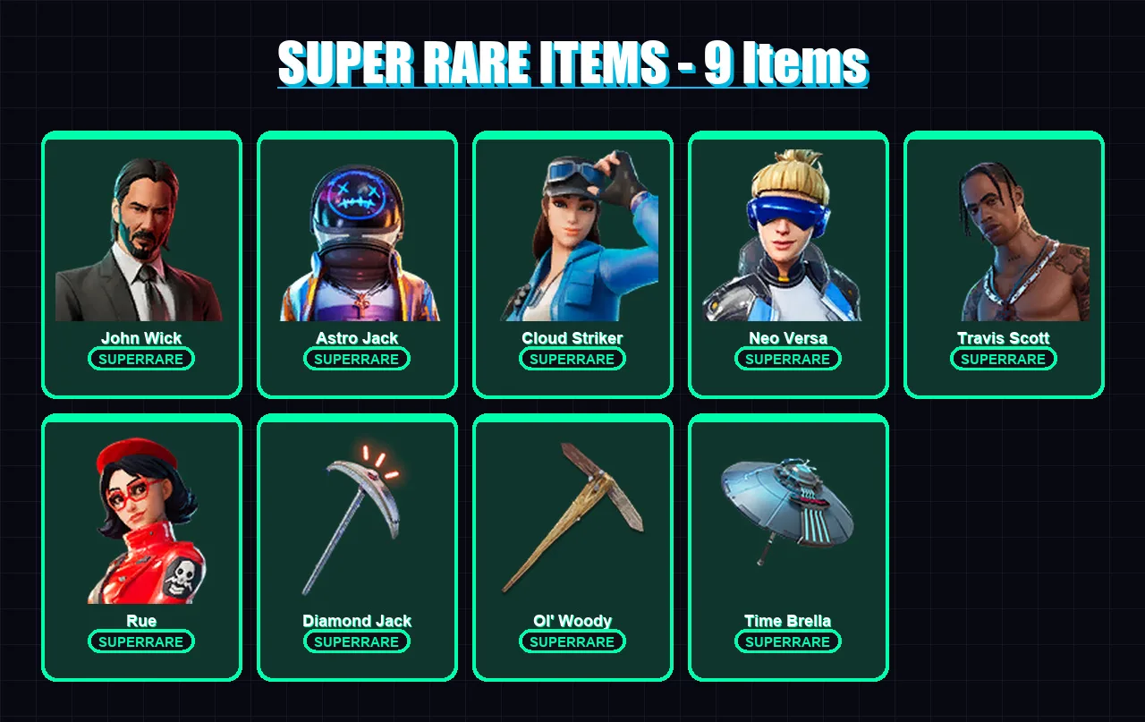 [PC/XBOX] | John Wick | Astro Jack | Cloud Striker | Neo Versa | Travis Scott | 118 skin | 144 pickaxe | 112 emote | 125 glider | Lv2083