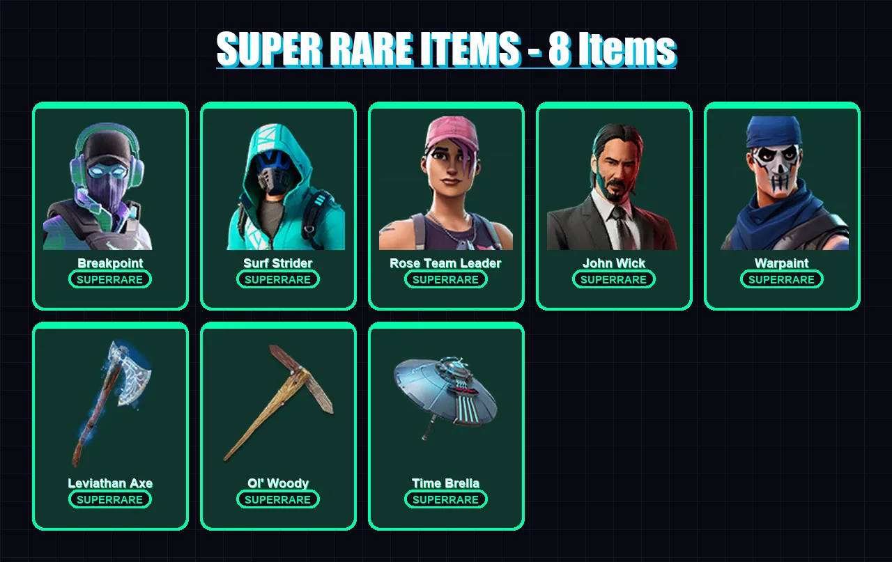[PC/XBOX/PSN] | Breakpoint | Surf Strider | Rose Team Leader | John Wick | Warpaint | 145 skin | 174 pickaxe | 136 emote | 146 glider | Lv2355