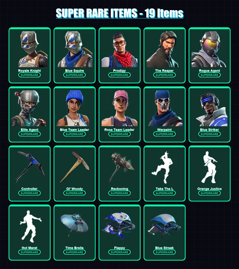 [PS4/PS5/XBOX/PC] | Royale Knight | Blue Squire | Prodigy | The Reaper | Rogue Agent | 93 skin | 90 pickaxe | 82 emote | 94 glider | Lv1450
