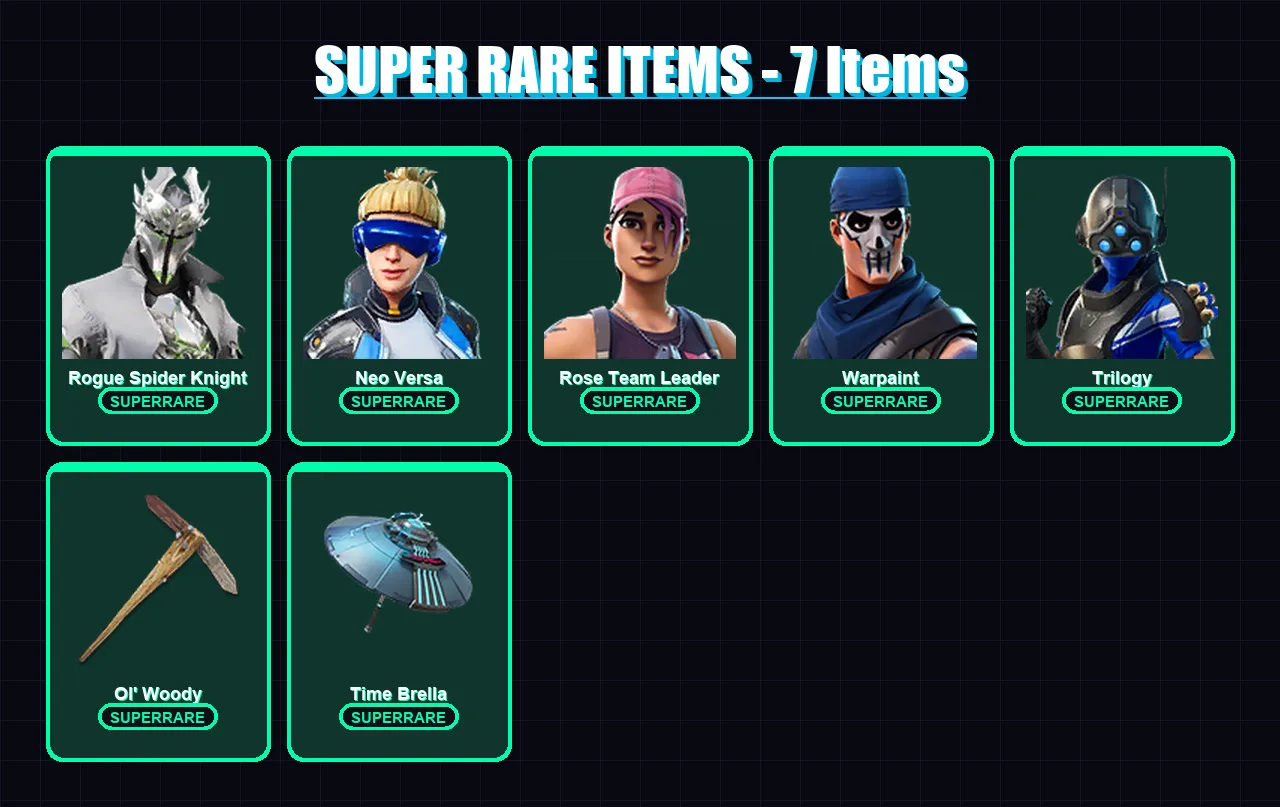 [PC/XBOX/PSN] | Rogue Spider Knight | Neo Versa | Rose Team Leader | Warpaint | Trilogy | 100 skin | 174 pickaxe | 103 emote | 123 glider | Lv2491