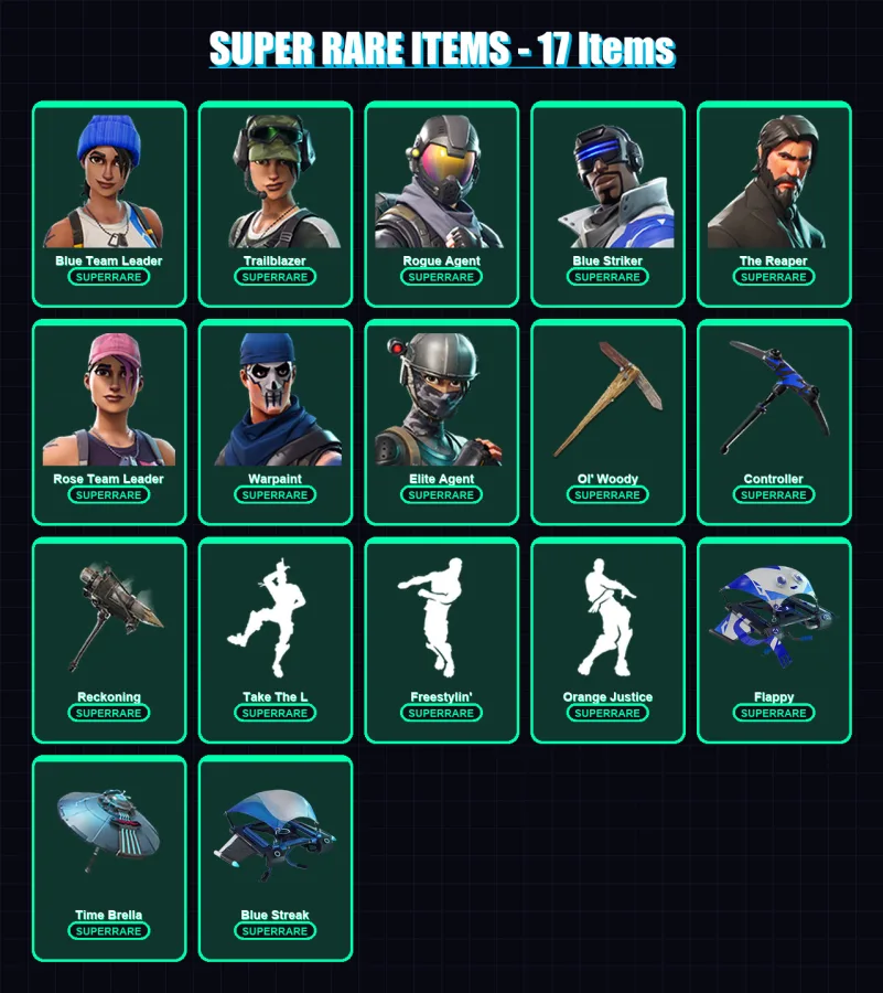 [PC] | Blue Team Leader | Trailblazer | Rogue Agent | Blue Striker | The Reaper | 148 skin | 165 pickaxe | 161 emote | 132 glider | Lv1539