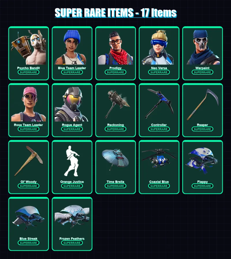 [PC/XBOX] | Psycho Bandit | Blue Team Leader | Prodigy | Neo Versa | Warpaint | 255 skin | 236 pickaxe | 190 emote | 155 glider | Lv1986