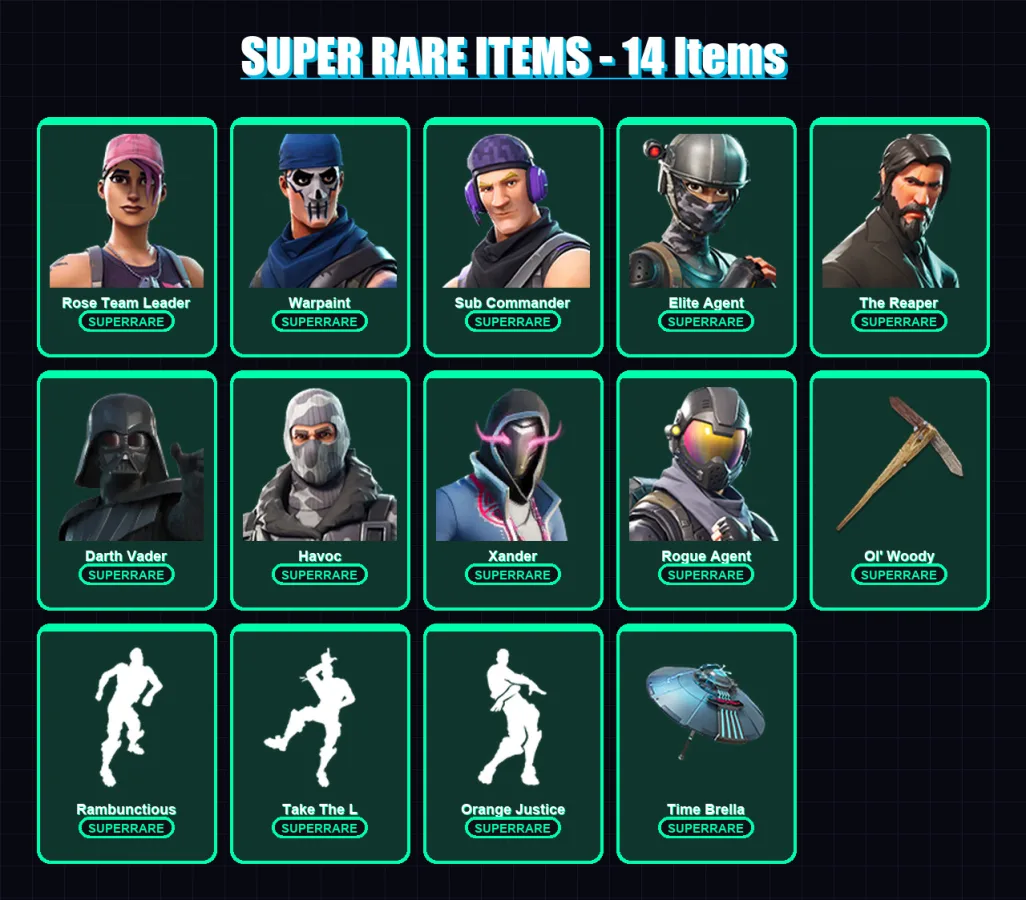[PC] | Rose Team Leader | Warpaint | Sub Commander | Elite Agent | The Reaper | 77 skin | 94 pickaxe | 83 emote | 95 glider | Lv1538