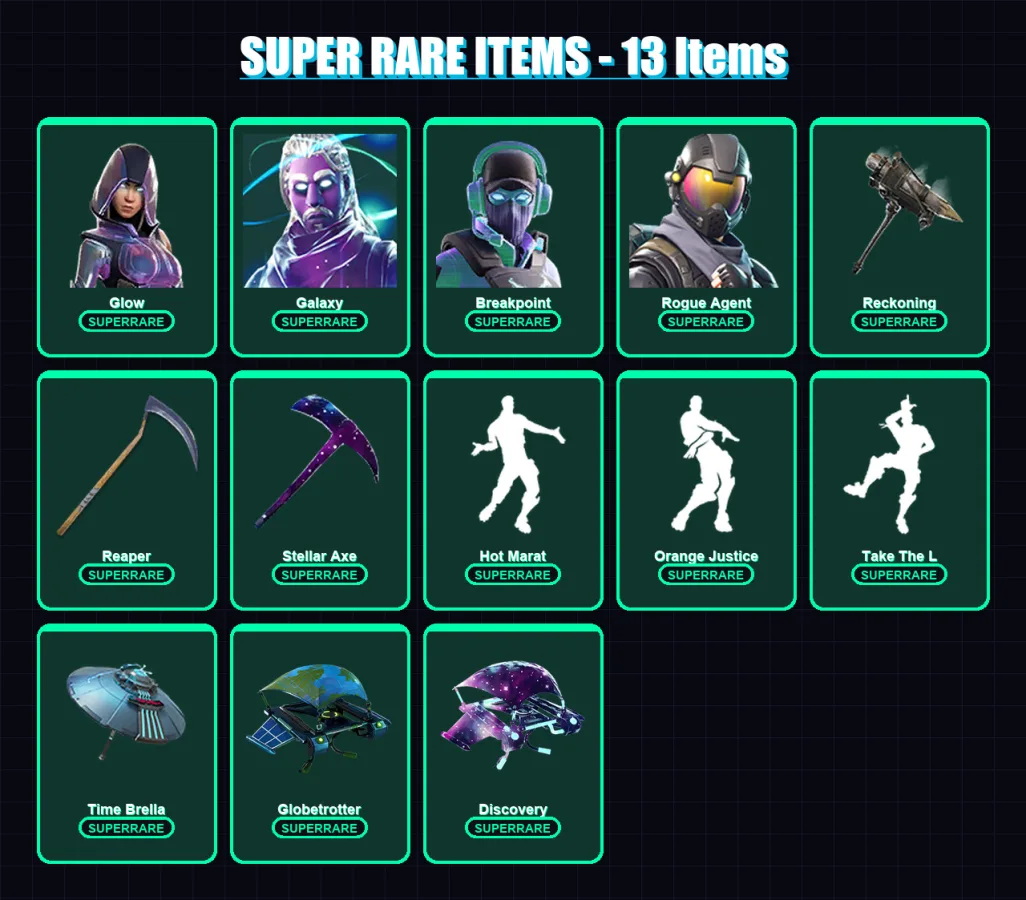 [PC/PSN] | Glow | Galaxy | Breakpoint | Rogue Agent | Hybrid | 188 skin | 125 pickaxe | 136 emote | 121 glider | Lv1519 — Fortnite account