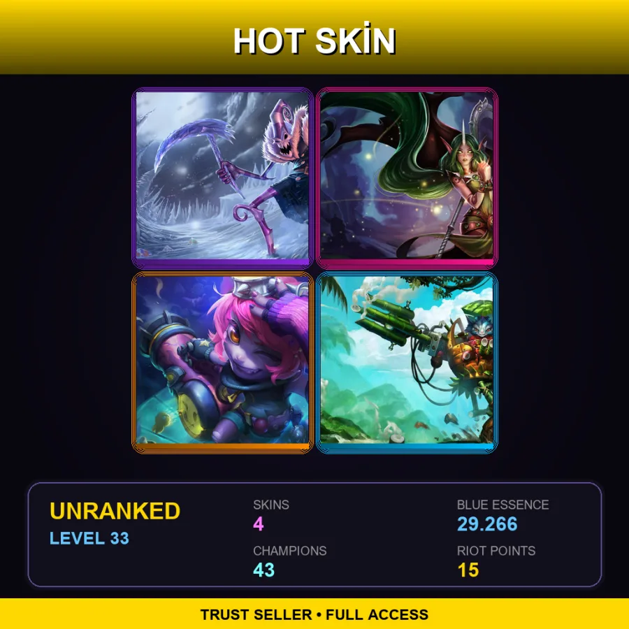 EUW | Lv33 | Unranked | 4 Skin | 43 Champ — LoL account