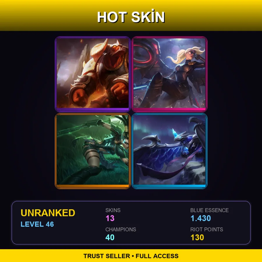 TR | Infernal Alistar | Riot Kayle | Headhunter Nidalee | Blackfrost Anivia | 13 Skin | 40 Champ | Lv46