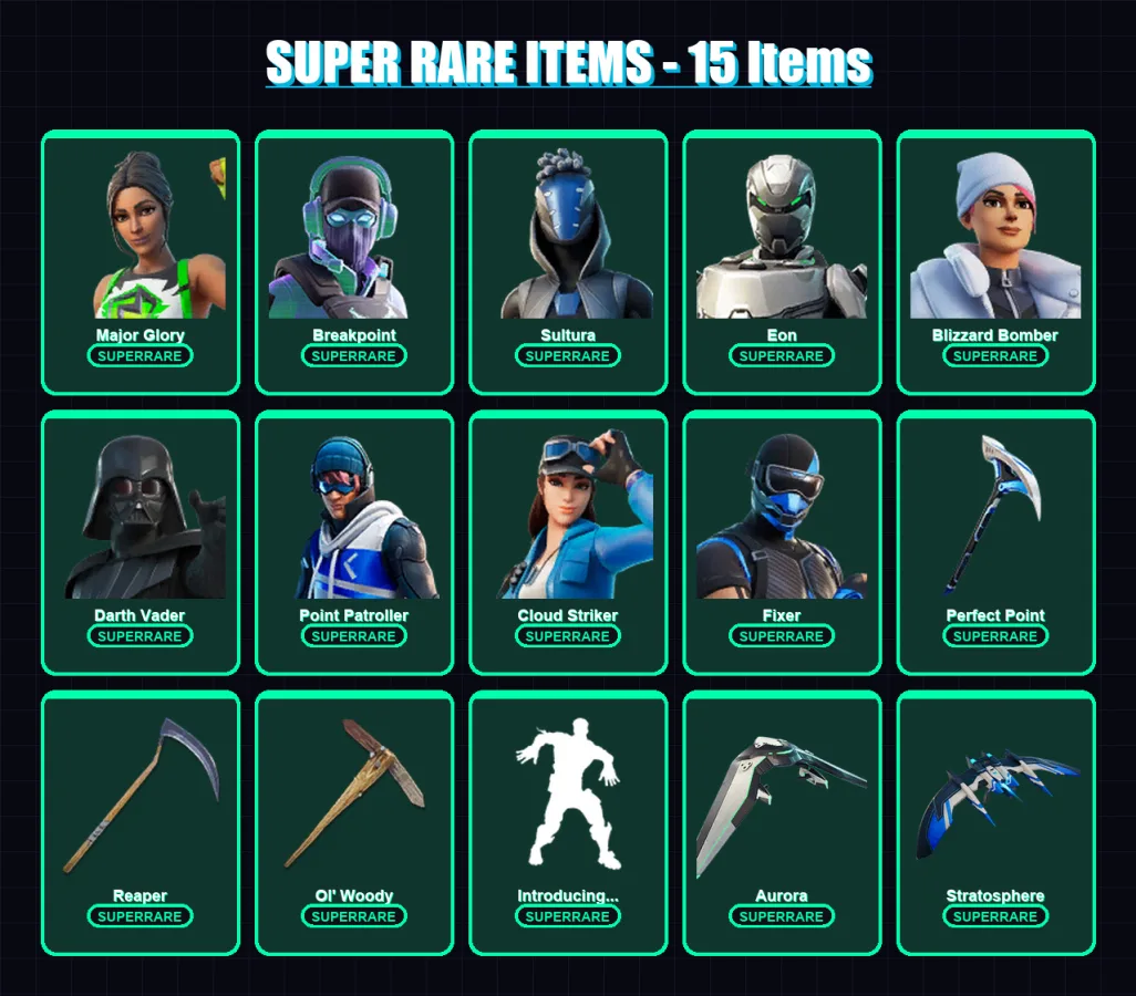 [PC] | Major Glory | Breakpoint | Sultura | Eon | Blizzard Bomber | 160 skin | 196 pickaxe | 161 emote | 143 glider | Lv2560 — Fortnite account