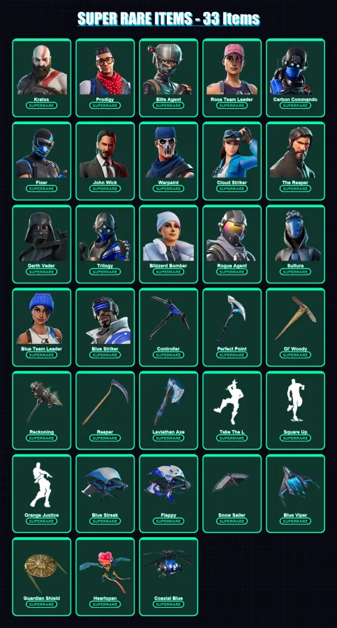 [PS4/PS5/XBOX/PC] | Kratos | Prodigy | Elite Agent | Rose Team Leader | Carbon Commando | 191 skin | 168 pickaxe | 137 emote | 154 glider | Lv2019