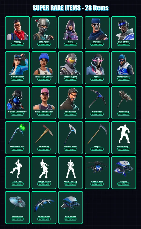 [PS4/PS5/XBOX/PC] | Prodigy | Elite Agent | Glow | Warpaint | Blue Striker | 114 skin | 114 pickaxe | 124 emote | 104 glider | Lv1778
