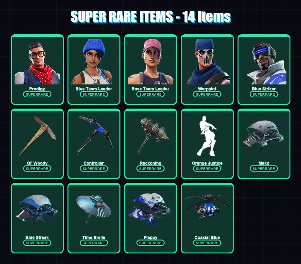 [PC/XBOX/PSN] | Prodigy | Blue Team Leader | Rose Team Leader | Warpaint | Blue Striker | 48 skin | 48 pickaxe | 72 emote | 64 glider | Lv940
