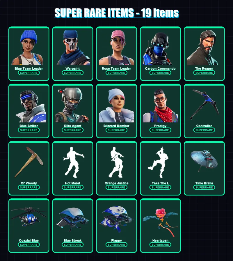 [PC/XBOX] | Blue Team Leader | Warpaint | Rose Team Leader | Carbon Commando | The Reaper | 79 skin | 122 pickaxe | 118 emote | 105 glider | Lv1359