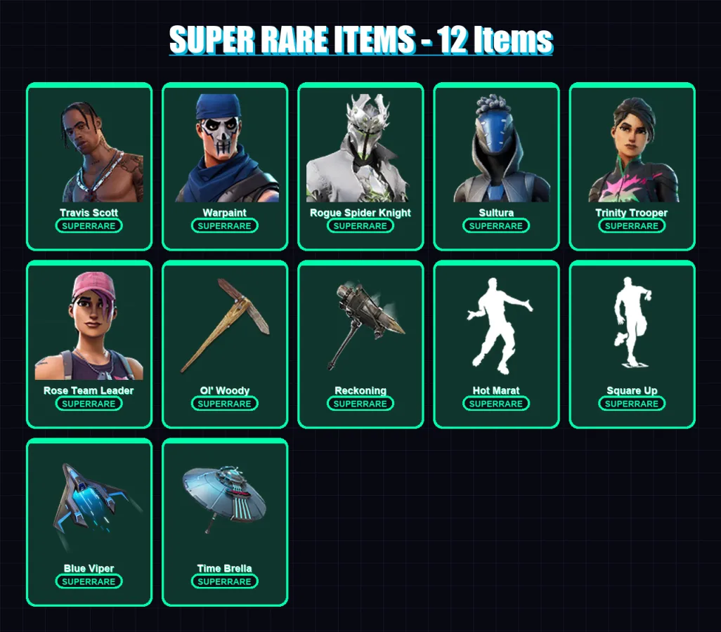 [SWITCH/PC] | Travis Scott | Warpaint | Rogue Spider Knight | Sultura | Trinity Trooper | 104 skin | 101 pickaxe | 79 emote | 93 glider | Lv1201