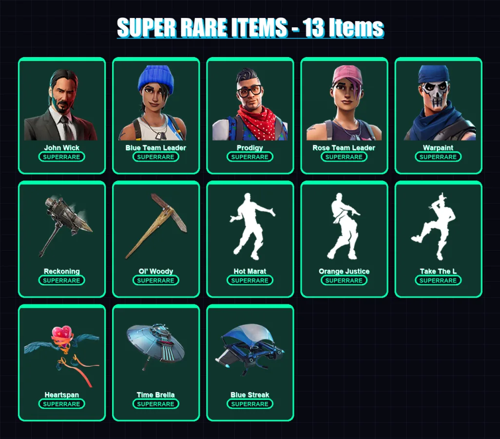 [PS4/PS5/XBOX/PC] | John Wick | Blue Team Leader | Prodigy | Rose Team Leader | Warpaint | 110 skin | 103 pickaxe | 93 emote | 114 glider | Lv1582 — Fortnite account