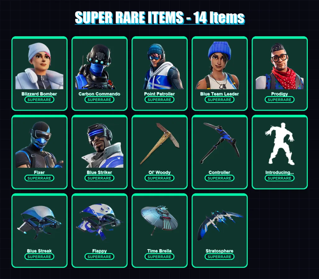 [PC/XBOX] | Blizzard Bomber | Carbon Commando | Point Patroller | Blue Team Leader | Prodigy | 42 skin | 37 pickaxe | 26 emote | 33 glider | Lv370