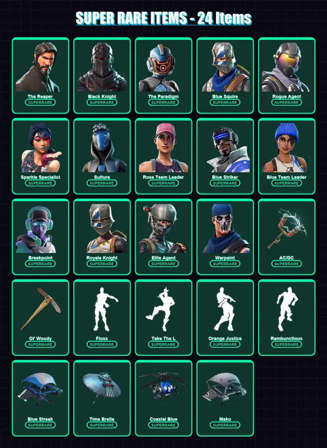 [PC/XBOX] | The Reaper | Black Knight | The Paradigm | Blue Squire | Rogue Agent | 79 skin | 80 pickaxe | 114 emote | 91 glider | Lv1047 — Game account