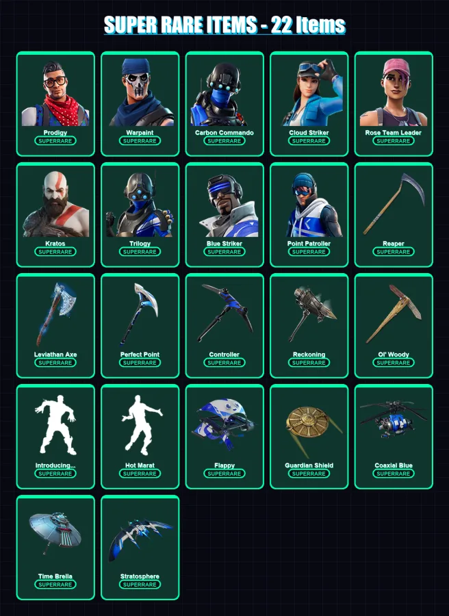 [PS4/PS5/XBOX/PC] | Prodigy | Warpaint | Carbon Commando | Cloud Striker | Rose Team Leader | 225 skin | 230 pickaxe | 214 emote | 169 glider | Lv26