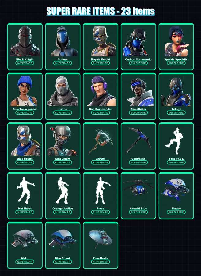 [PC/XBOX] | Black Knight | Sultura | Royale Knight | Carbon Commando | Sparkle Specialist | 42 skin | 83 pickaxe | 53 emote | 61 glider | Lv850