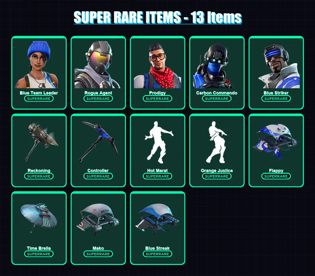 [PC/XBOX/PSN] | Blue Team Leader | Rogue Agent | Prodigy | Carbon Commando | Blue Striker | 82 skin | 70 pickaxe | 65 emote | 82 glider | Lv1243