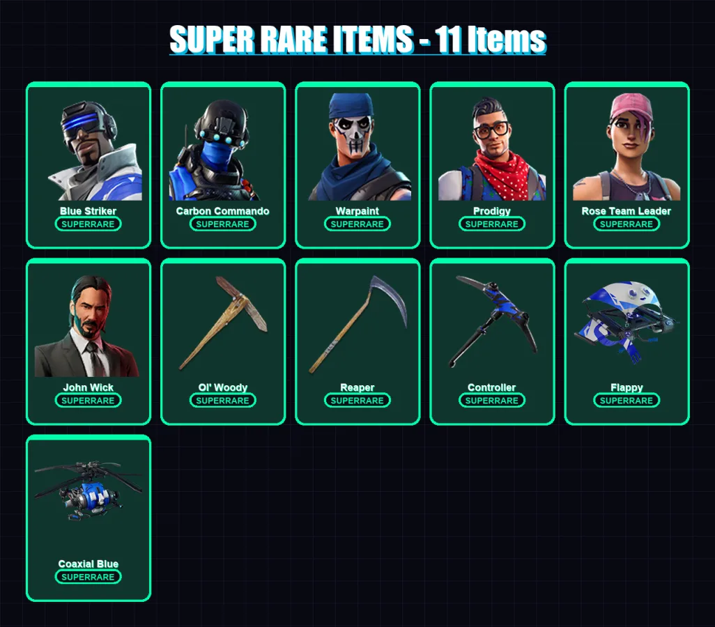 [PS4/PS5/XBOX/PC] | Blue Striker | Carbon Commando | Warpaint | Prodigy | Rose Team Leader | 39 skin | 29 pickaxe | 37 emote | 30 glider | Lv345