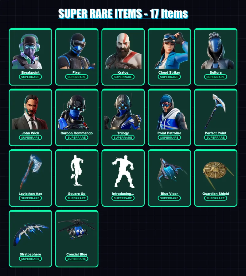 [PS4/PS5/XBOX/PC] | Breakpoint | Fixer | Kratos | Cloud Striker | Sultura | 117 skin | 149 pickaxe | 64 emote | 107 glider | Lv1692